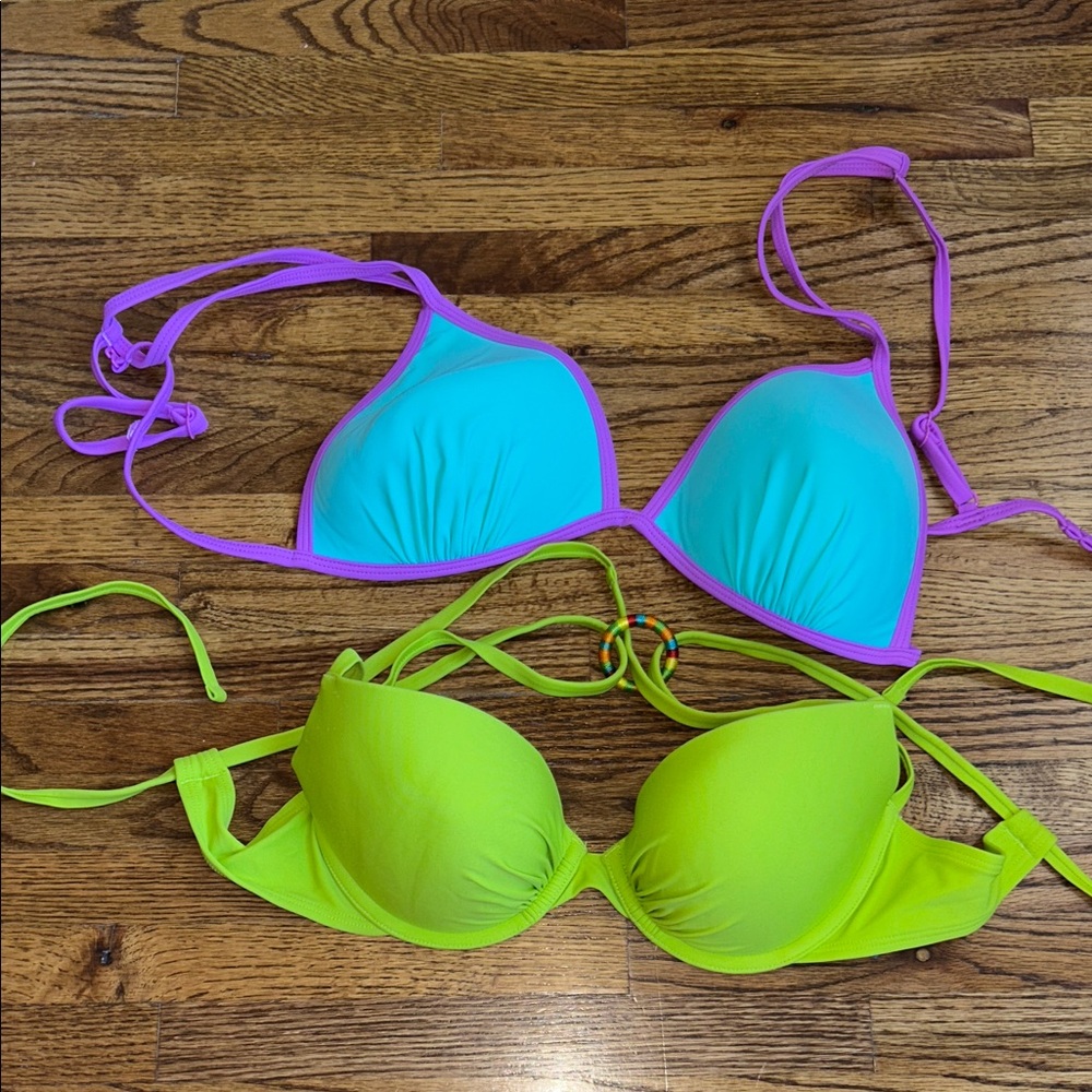 Aerie Neon Green Perkier Pushup and No Boundaries Blue Bikini Tops